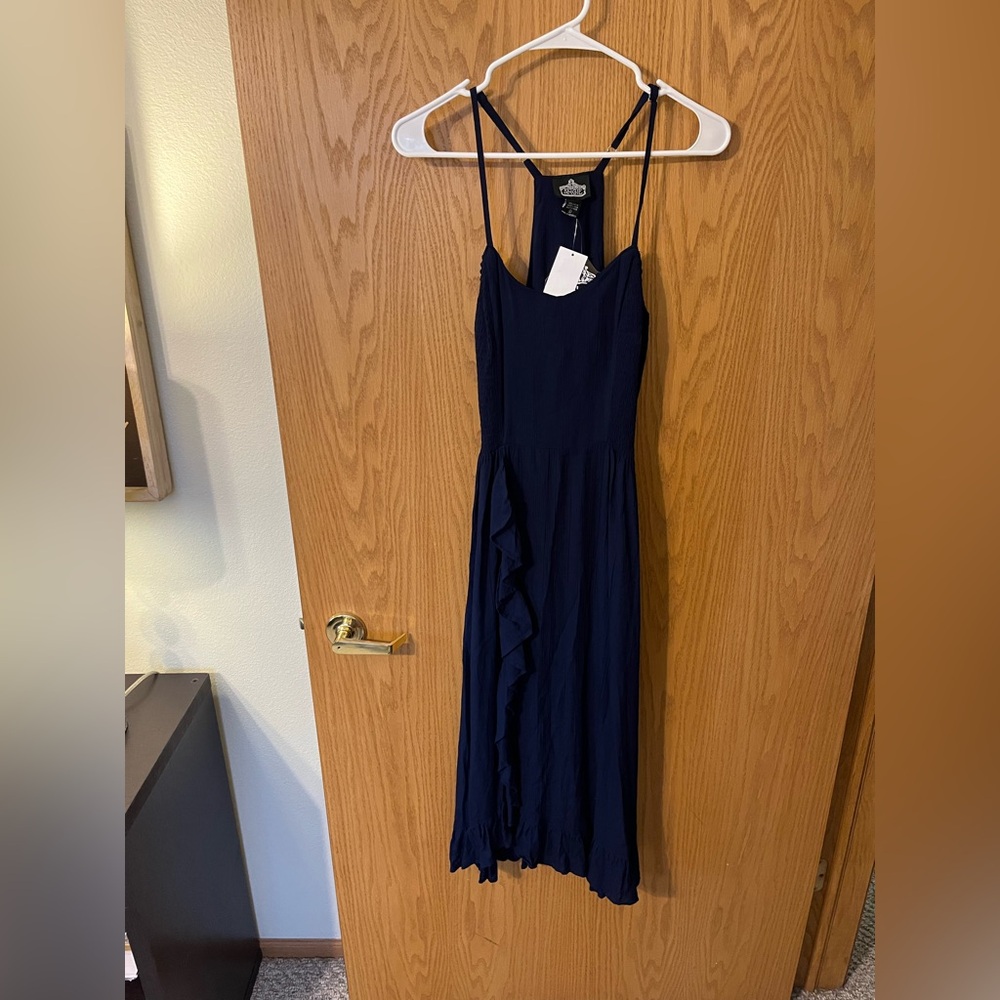 Angie Sleeveless Navy Ruffle-Front Maxi Dress